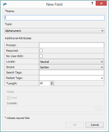 New Field dialog